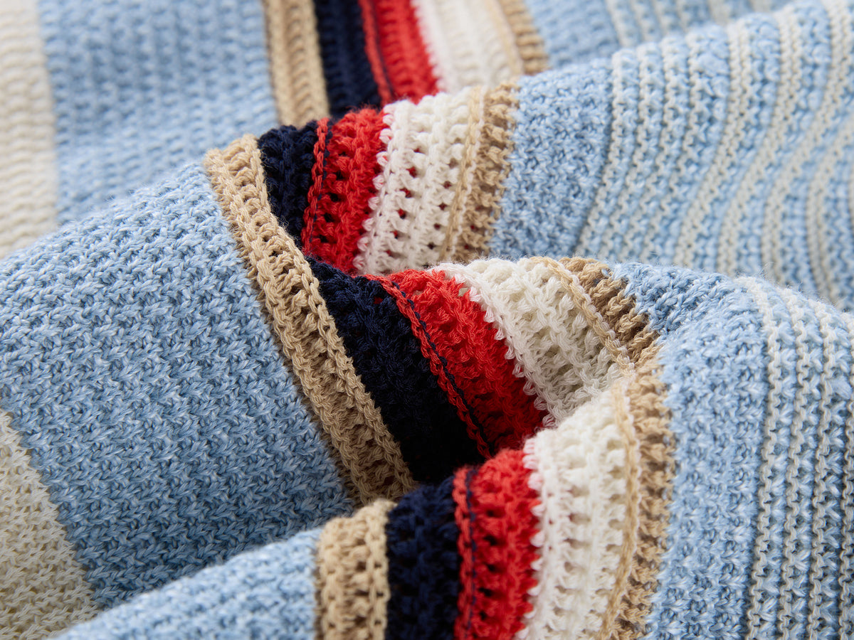 Polo-collar striped puff-sleeve knit T-shirt