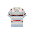Polo-collar striped puff-sleeve knit T-shirt