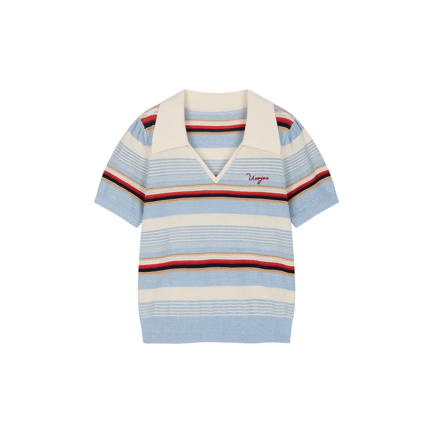 Polo-collar striped puff-sleeve knit T-shirt