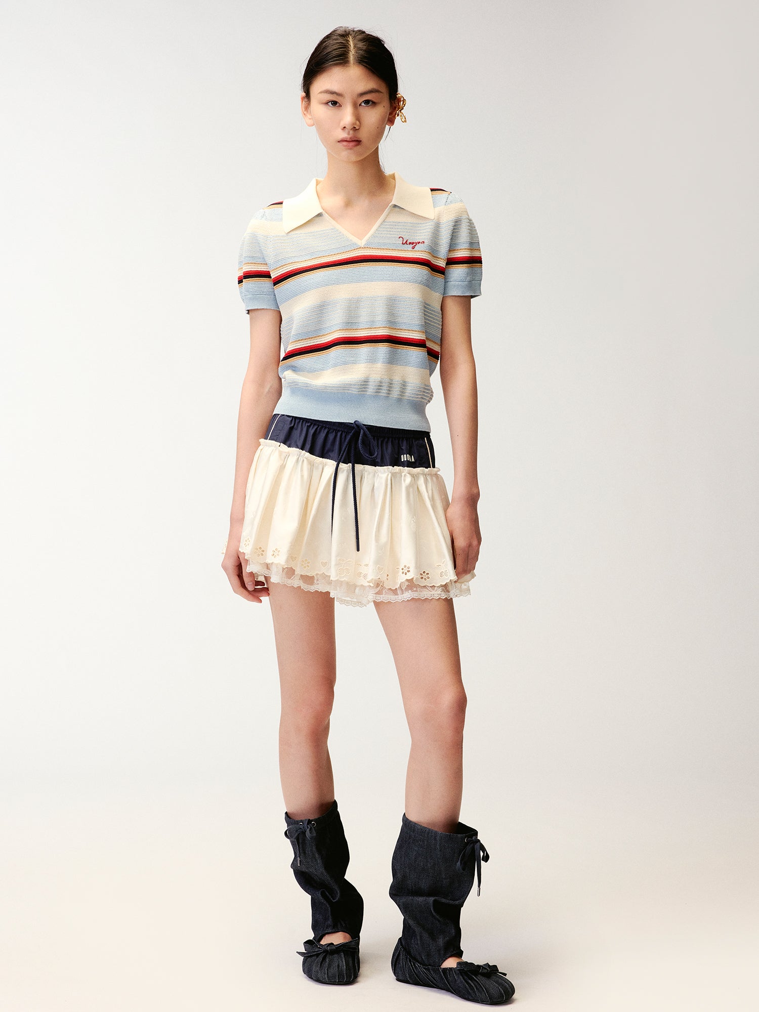 Polo-collar striped puff-sleeve knit T-shirt