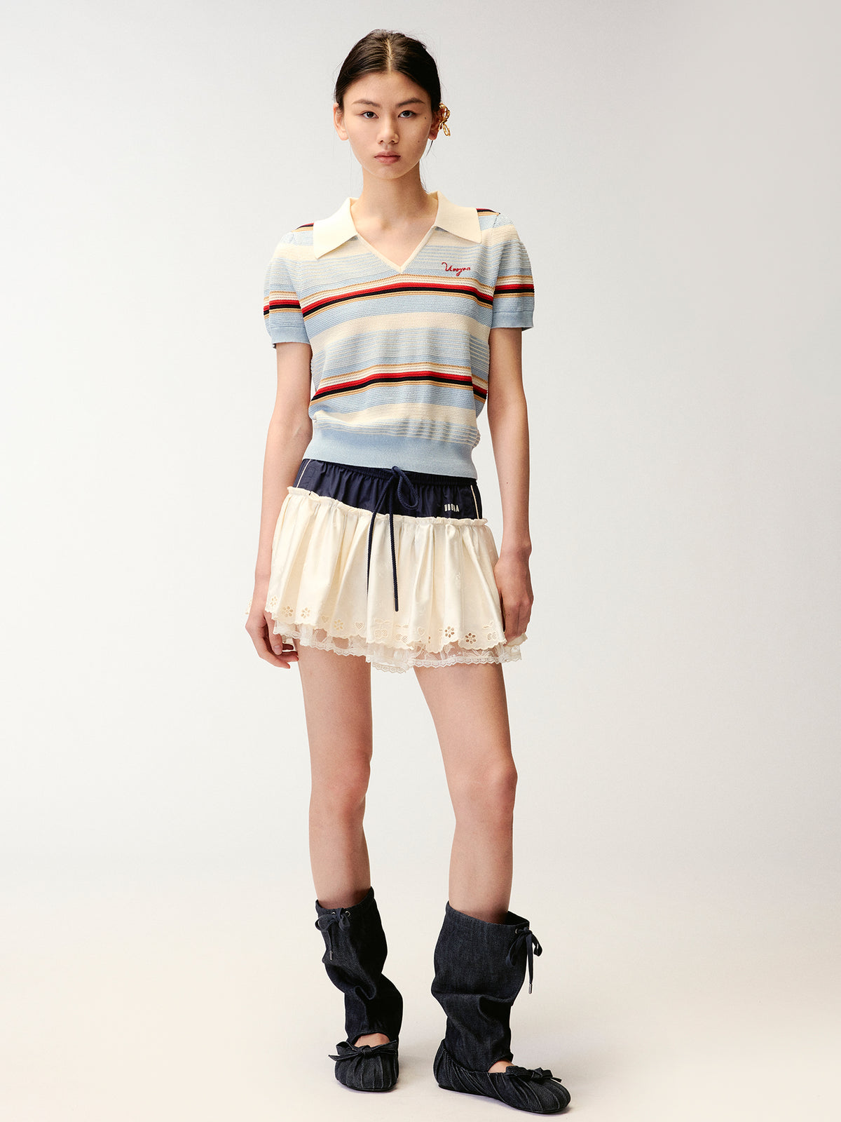 Polo-collar striped puff-sleeve knit T-shirt