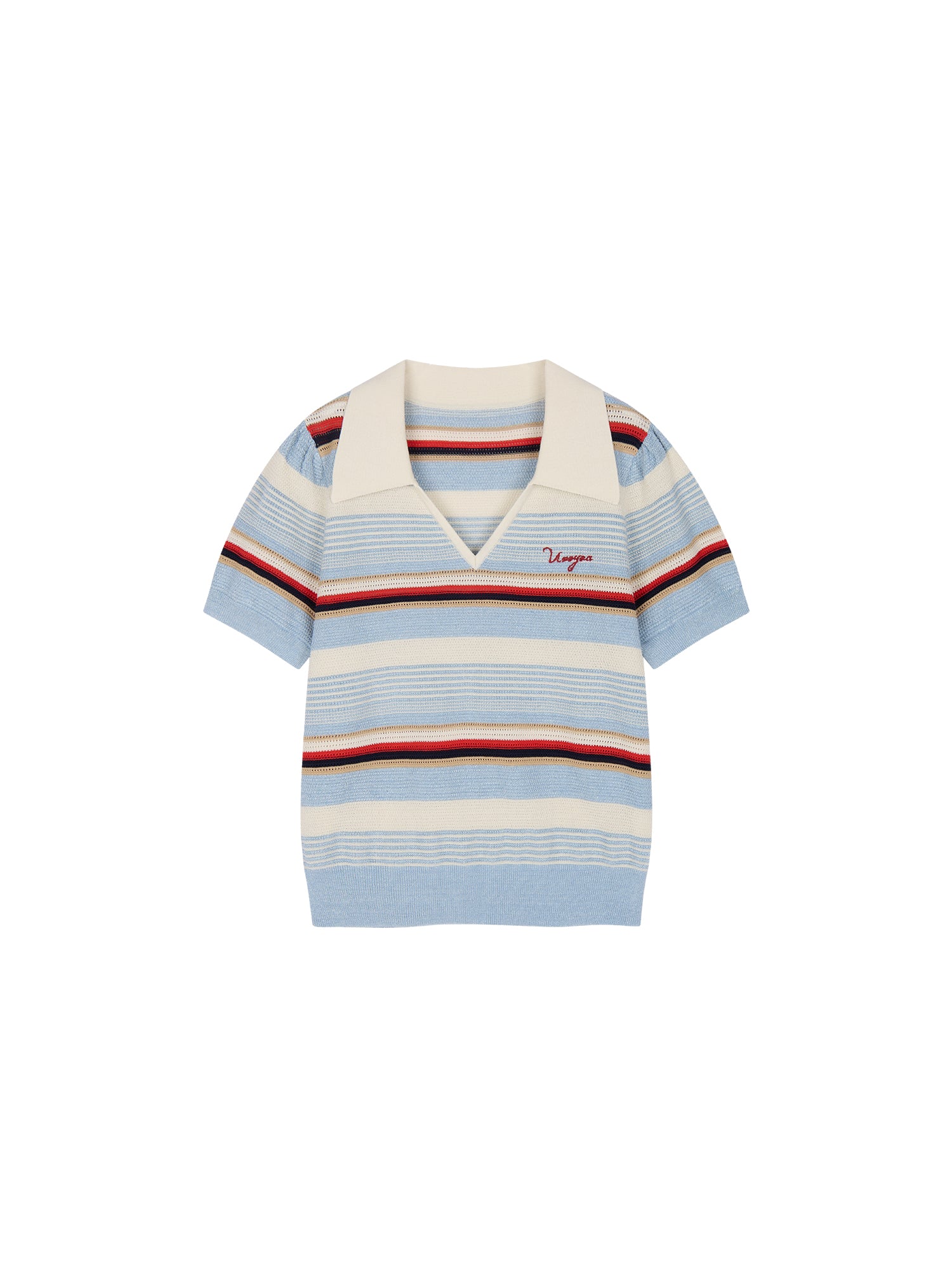 Polo-collar striped puff-sleeve knit T-shirt