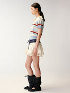 Polo-collar striped puff-sleeve knit T-shirt