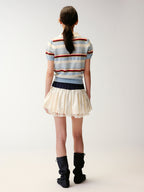 Polo-collar striped puff-sleeve knit T-shirt
