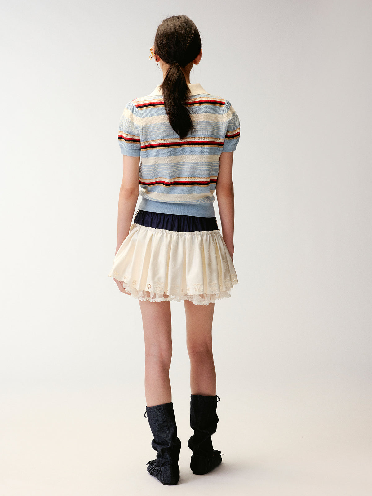 Polo-collar striped puff-sleeve knit T-shirt