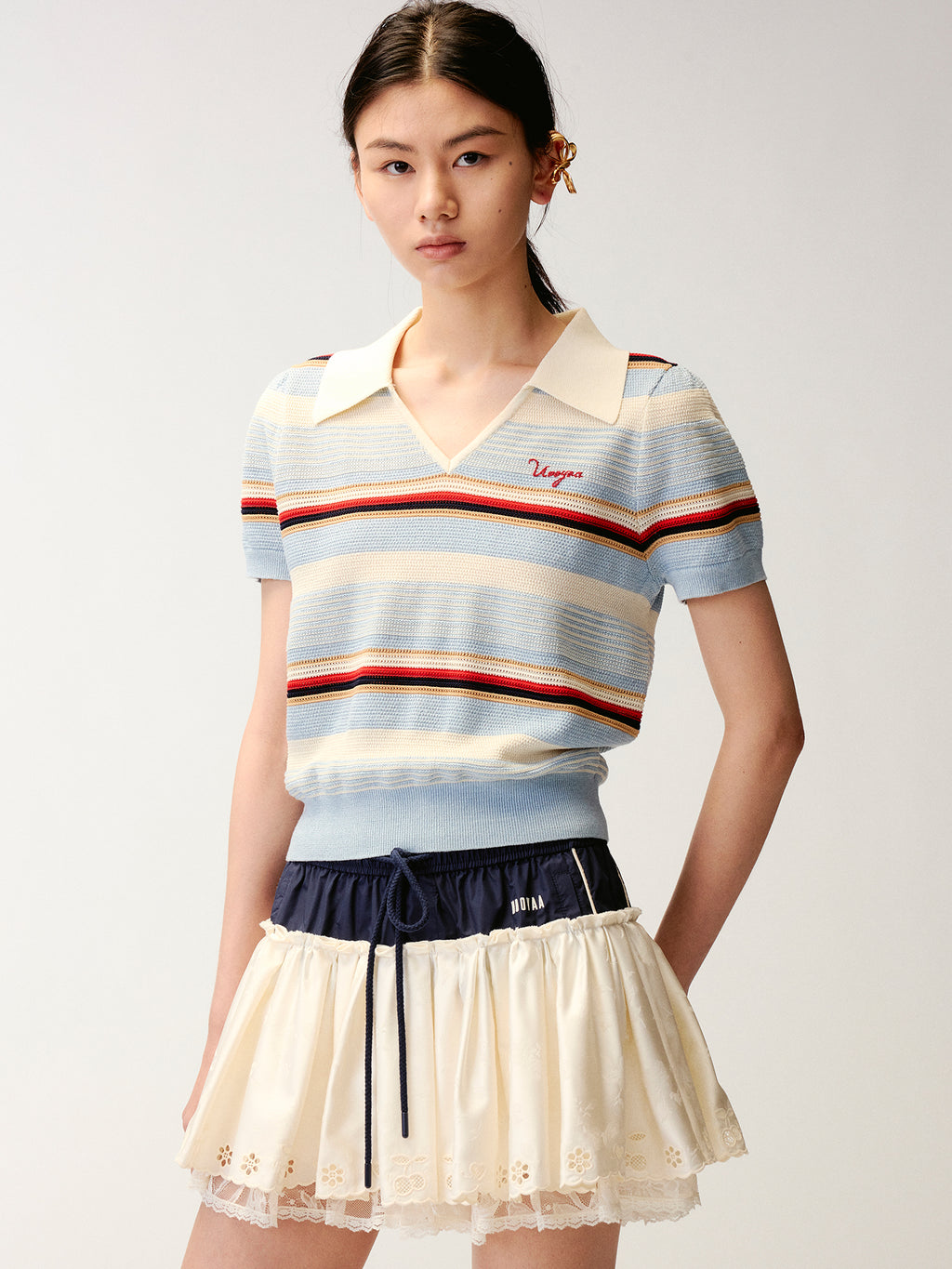 Polo-collar striped puff-sleeve knit T-shirt