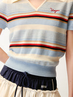 Polo-collar striped puff-sleeve knit T-shirt