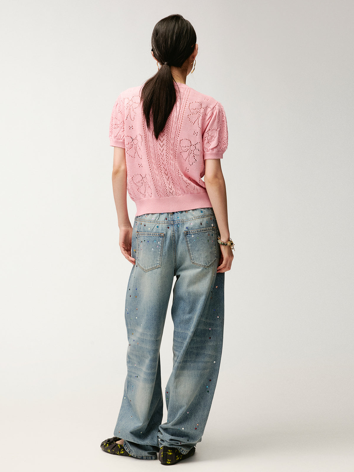 Bowknot hollow knit cardigan