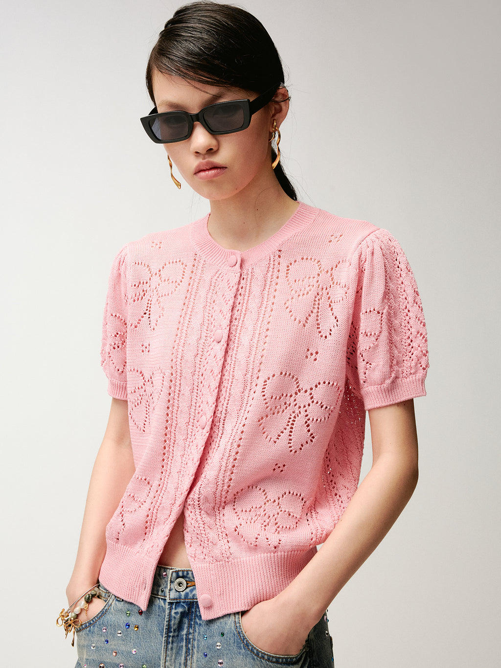 Bowknot hollow knit cardigan