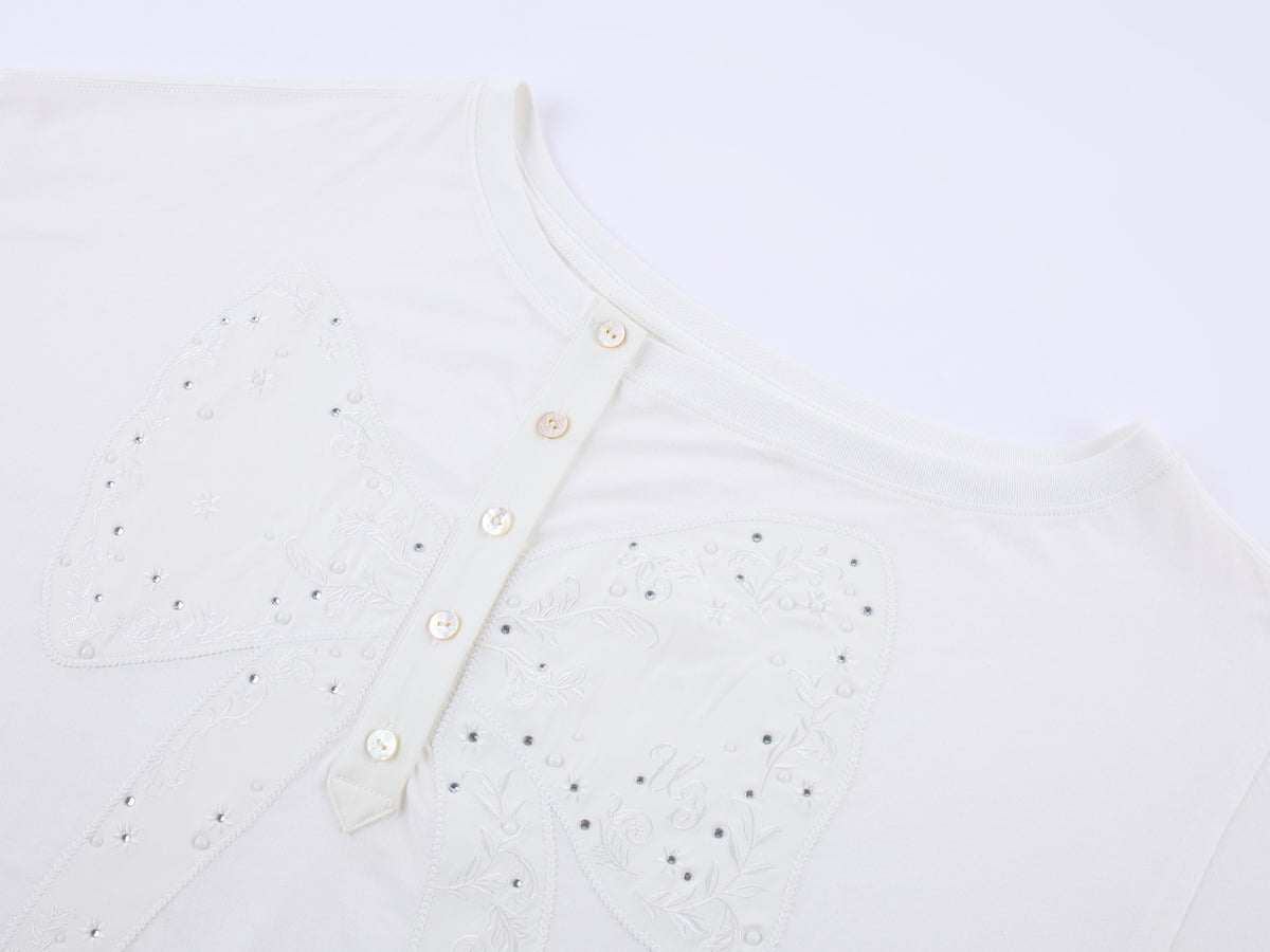 Henley collar bow rhinestone off-shoulder T-shirt