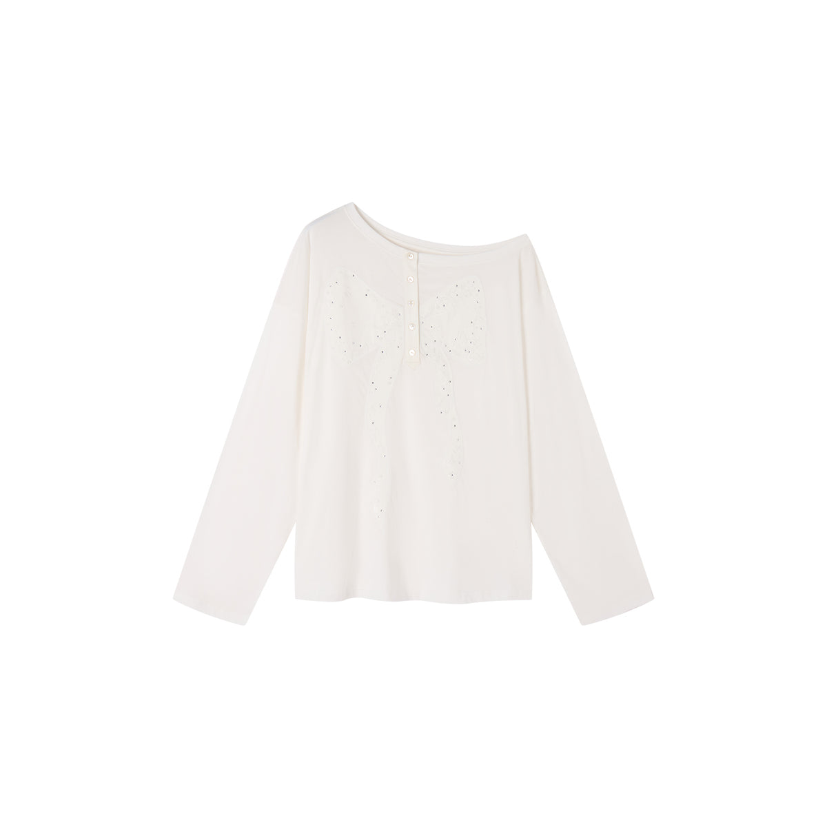 Henley collar bow rhinestone off-shoulder T-shirt