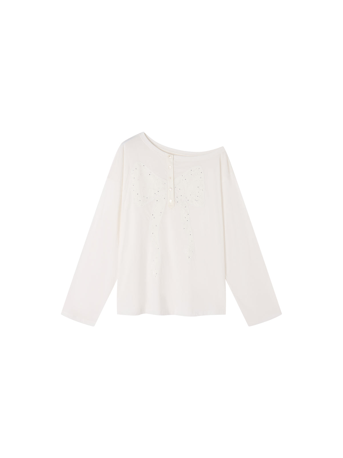 Henley collar bow rhinestone off-shoulder T-shirt
