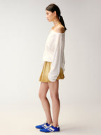 Henley collar bow rhinestone off-shoulder T-shirt