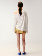 Henley collar bow rhinestone off-shoulder T-shirt