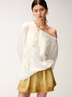 Henley collar bow rhinestone off-shoulder T-shirt