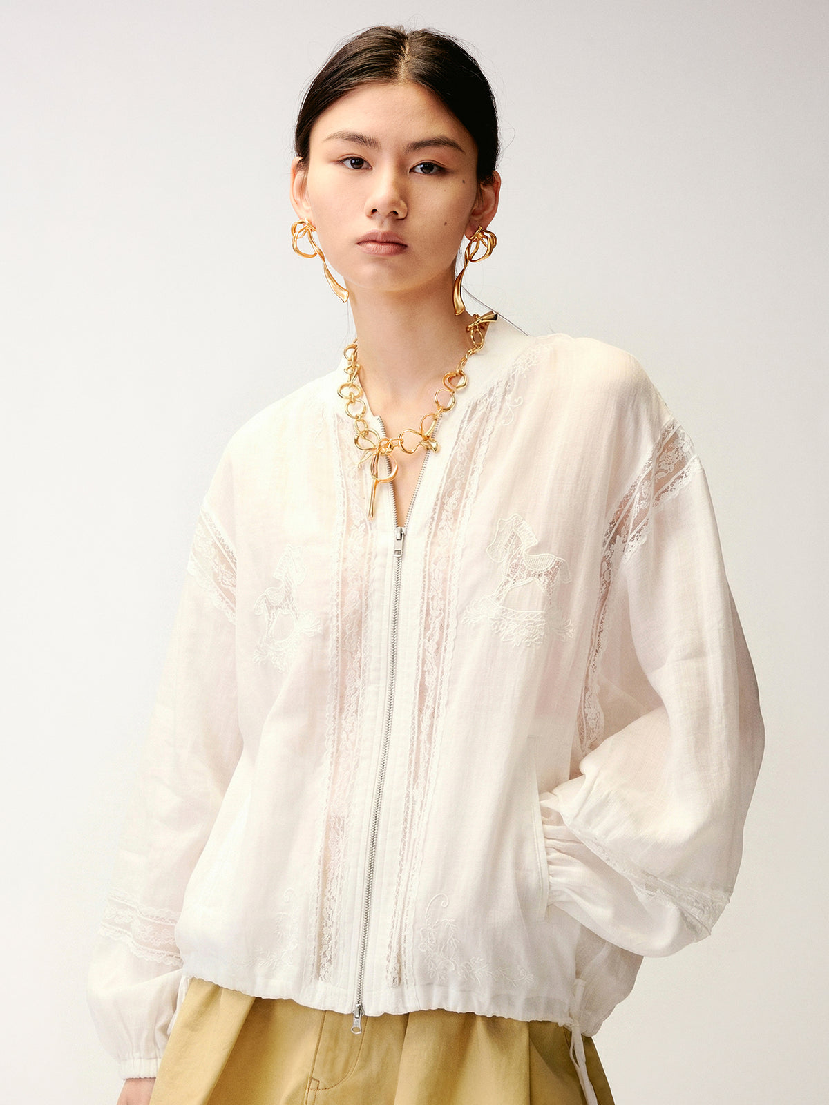 Lace openwork embroidered baseball jacket