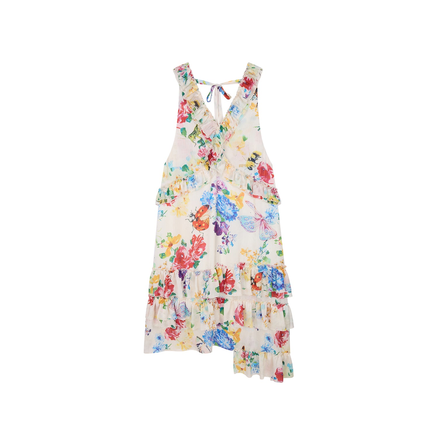 Floral and insect print suspender dress