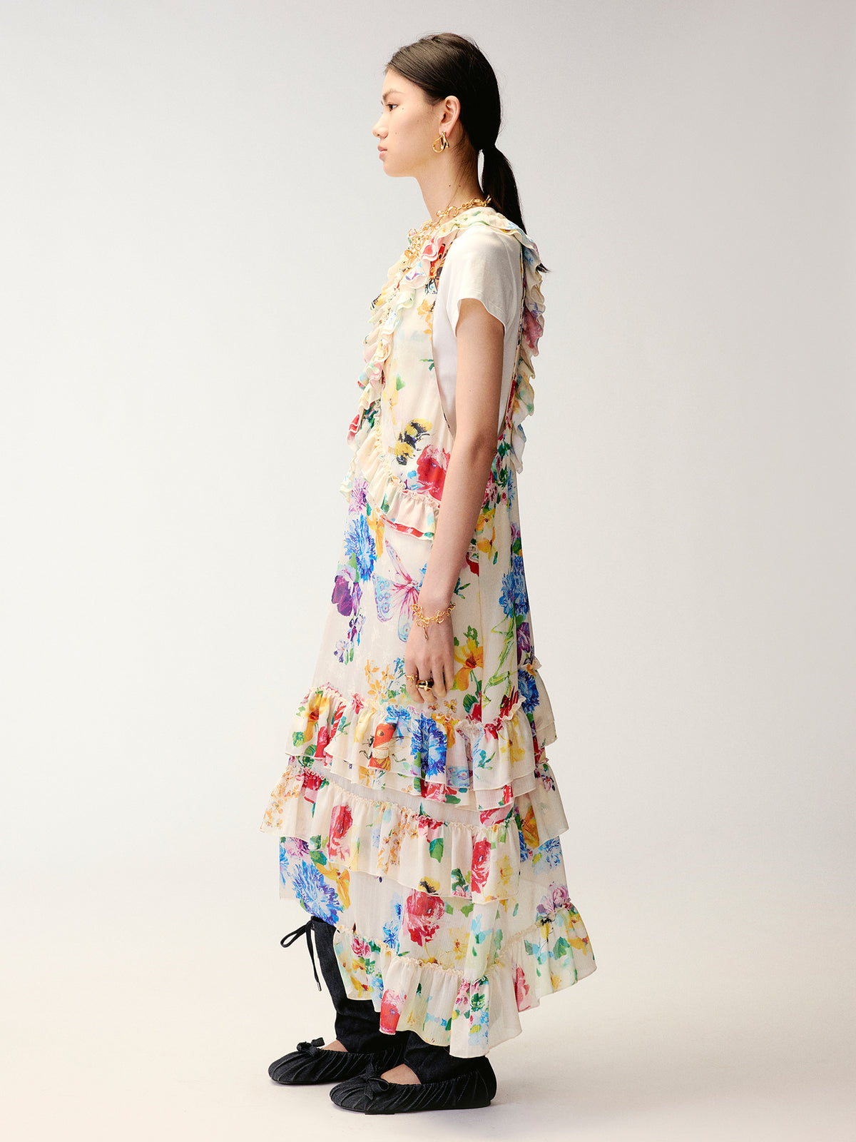Floral and insect print suspender dress