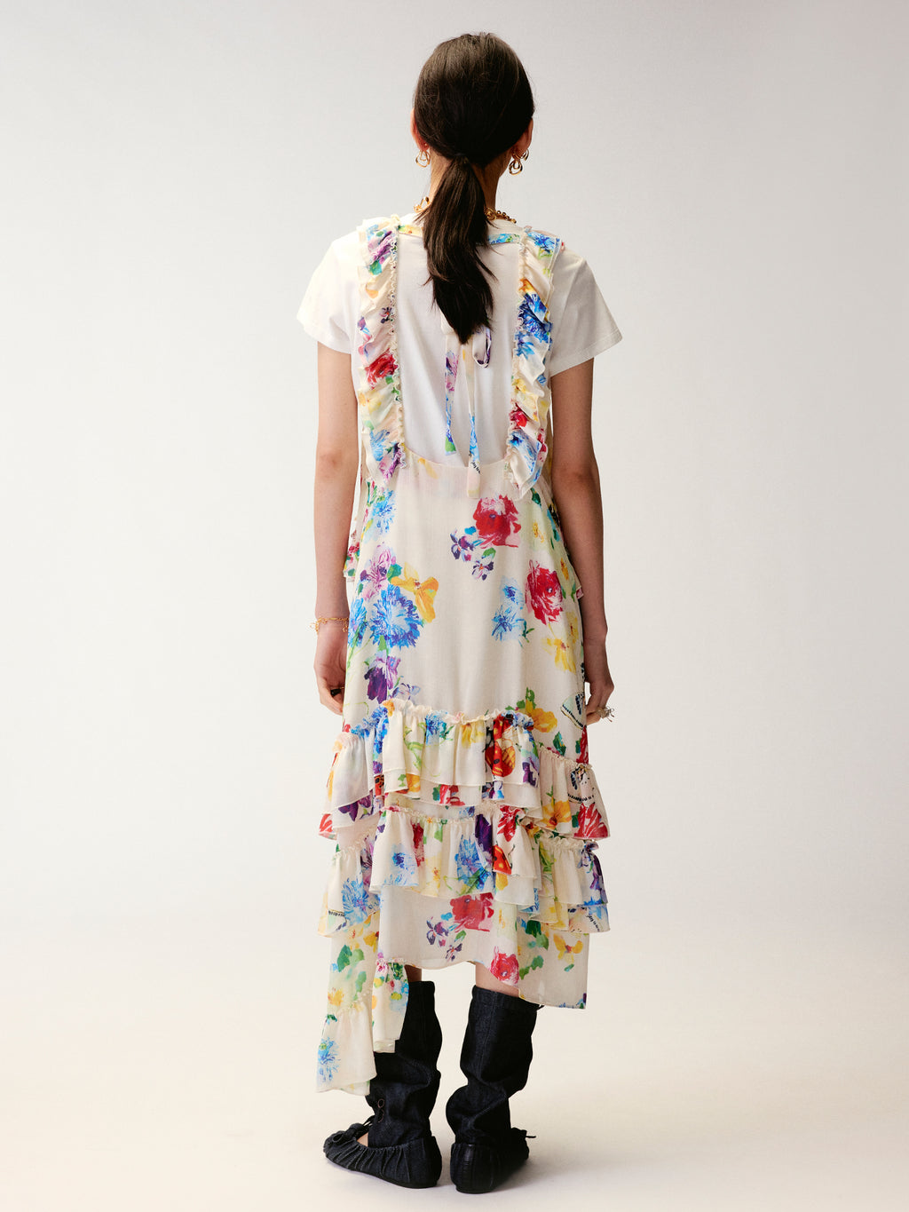 Floral and insect print suspender dress