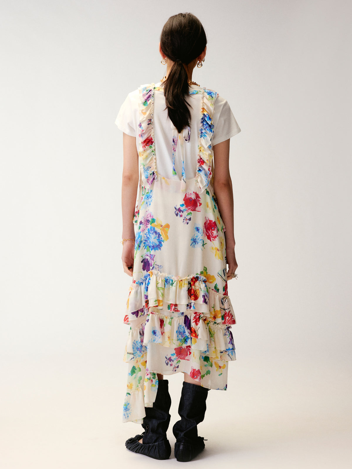 Floral and insect print suspender dress
