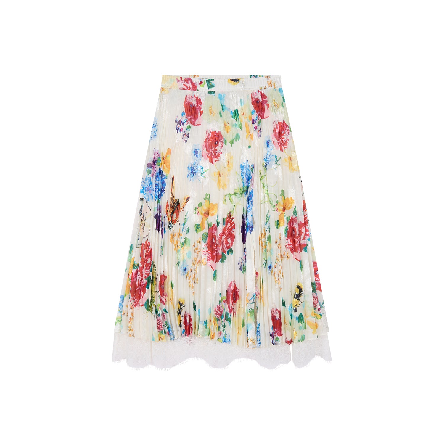 Floral and insect print lace pleated skirt