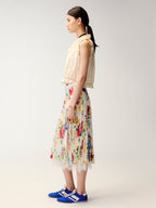 Floral and insect print lace pleated skirt