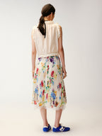 Floral and insect print lace pleated skirt