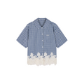 Rocking horse motif lace trims spliced plaid shirt