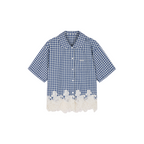 Rocking horse motif lace trims spliced plaid shirt