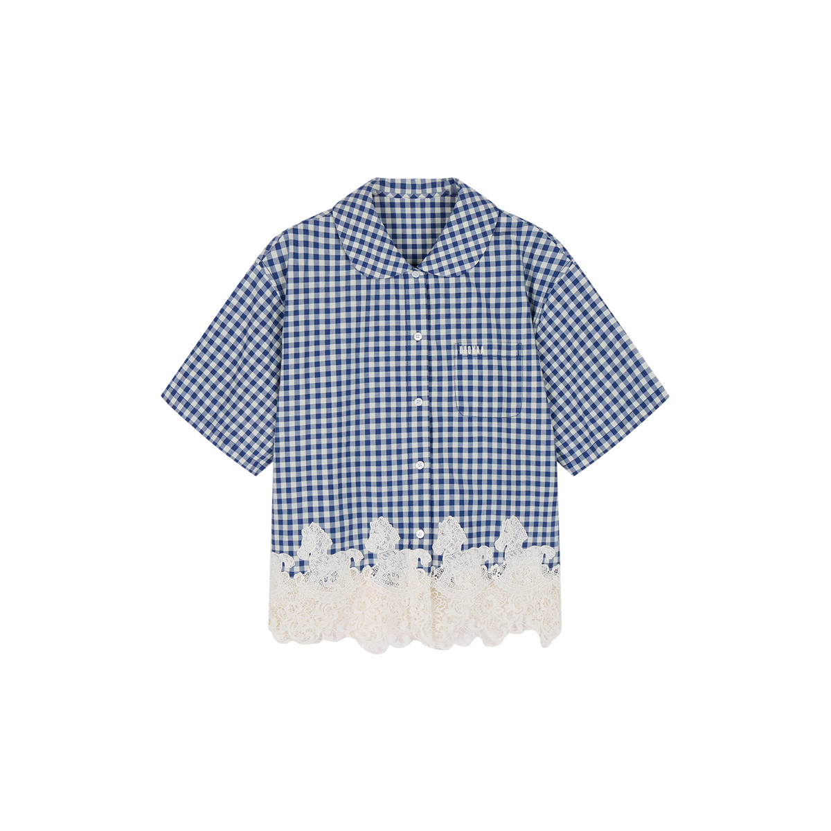 Rocking horse motif lace trims spliced plaid shirt