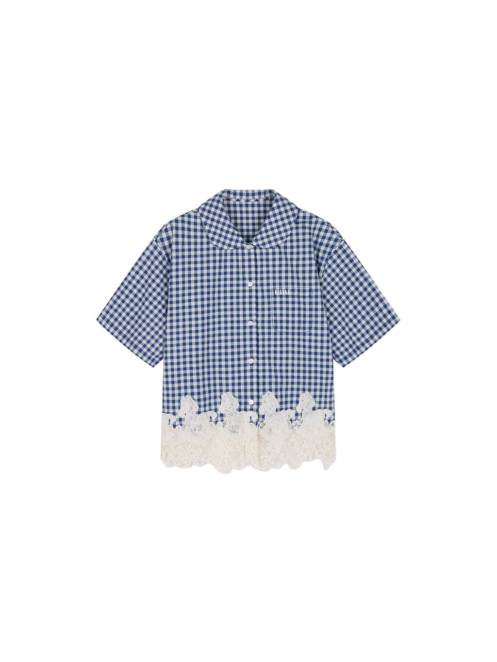 Rocking horse motif lace trims spliced plaid shirt