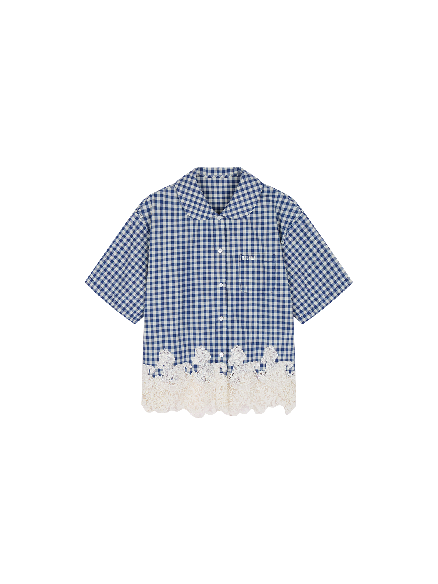 Rocking horse motif lace trims spliced plaid shirt