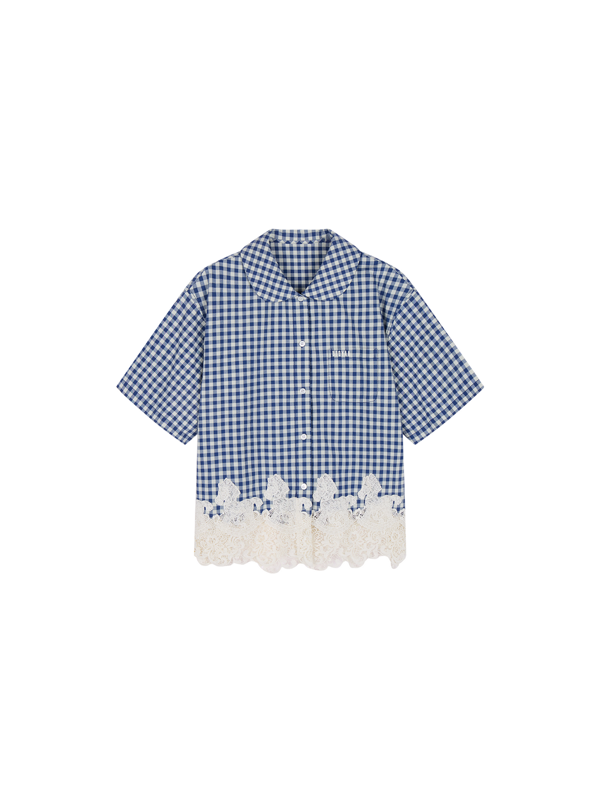 Rocking horse motif lace trims spliced plaid shirt