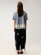 Rocking horse motif lace trims spliced plaid shirt