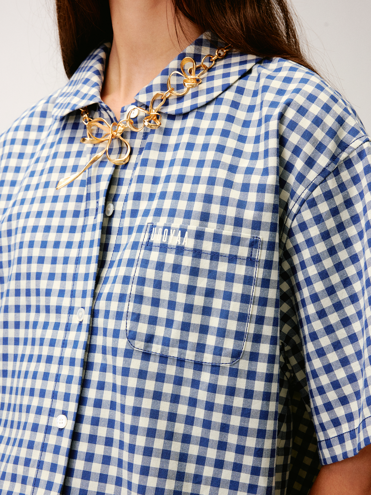 Rocking horse motif lace trims spliced plaid shirt
