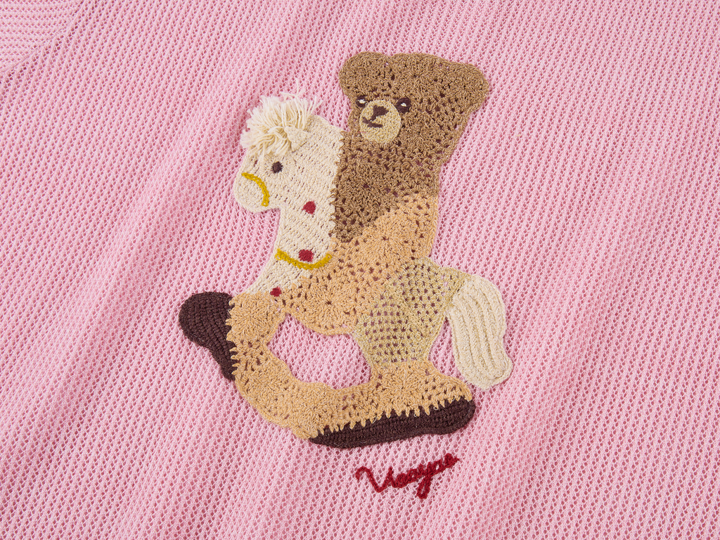 Openwork embroidered bear knit T-shirt