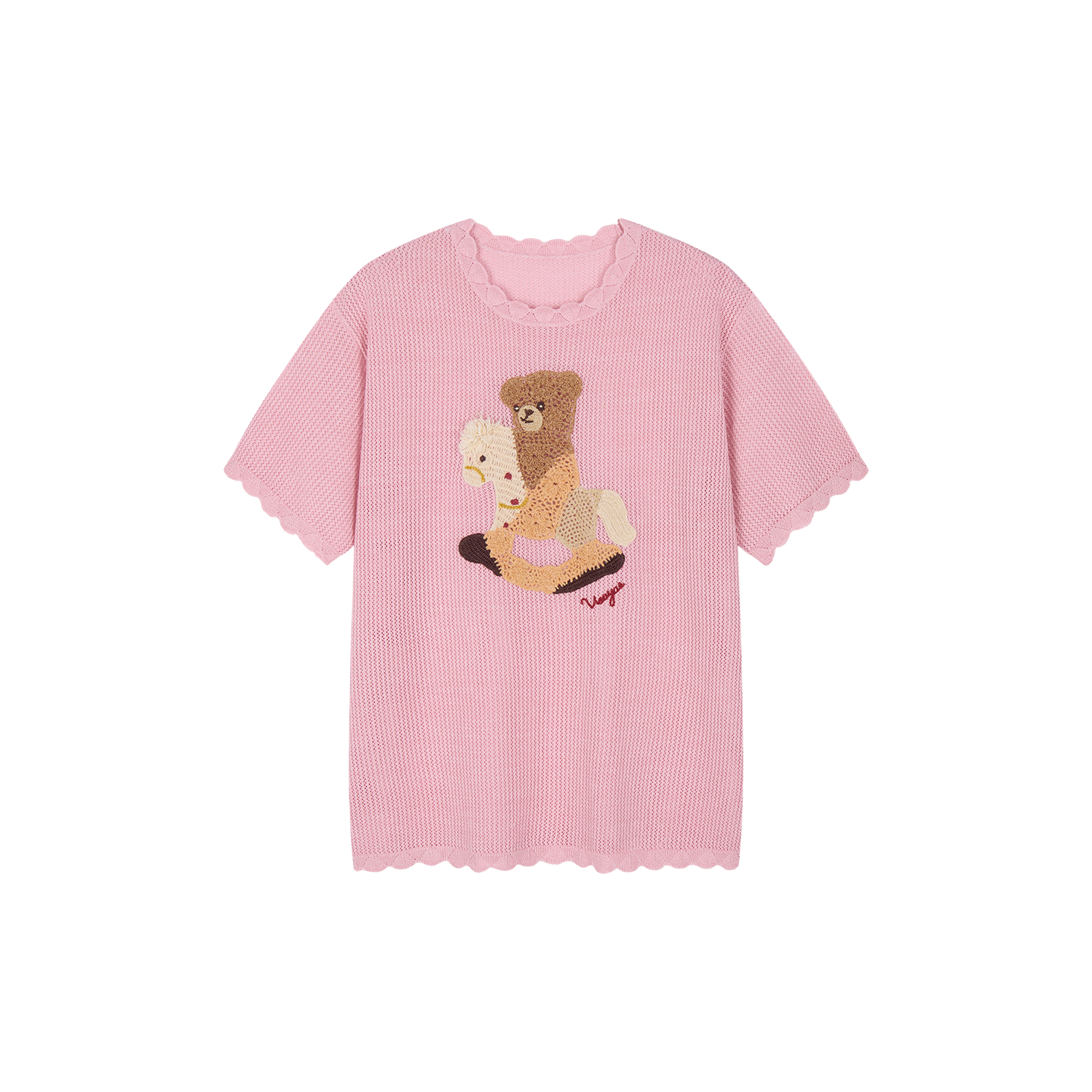 Openwork embroidered bear knit T-shirt