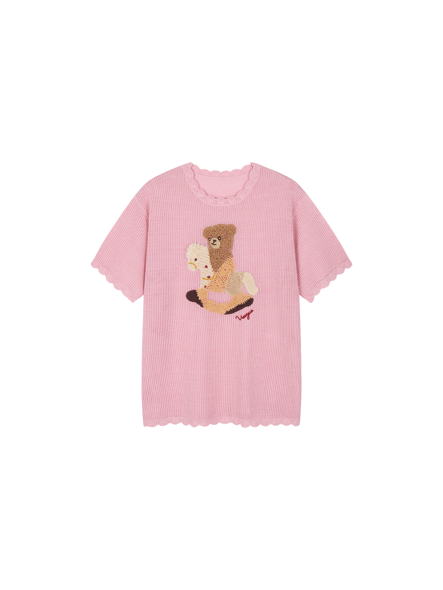 Openwork embroidered bear knit T-shirt