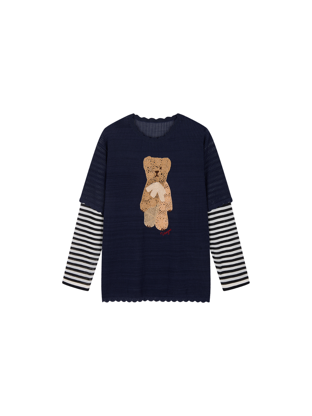 Openwork embroidered bear knit T-shirt