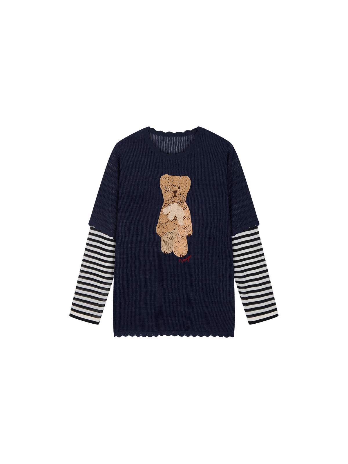 Openwork embroidered bear knit T-shirt