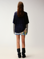 Openwork embroidered bear knit T-shirt