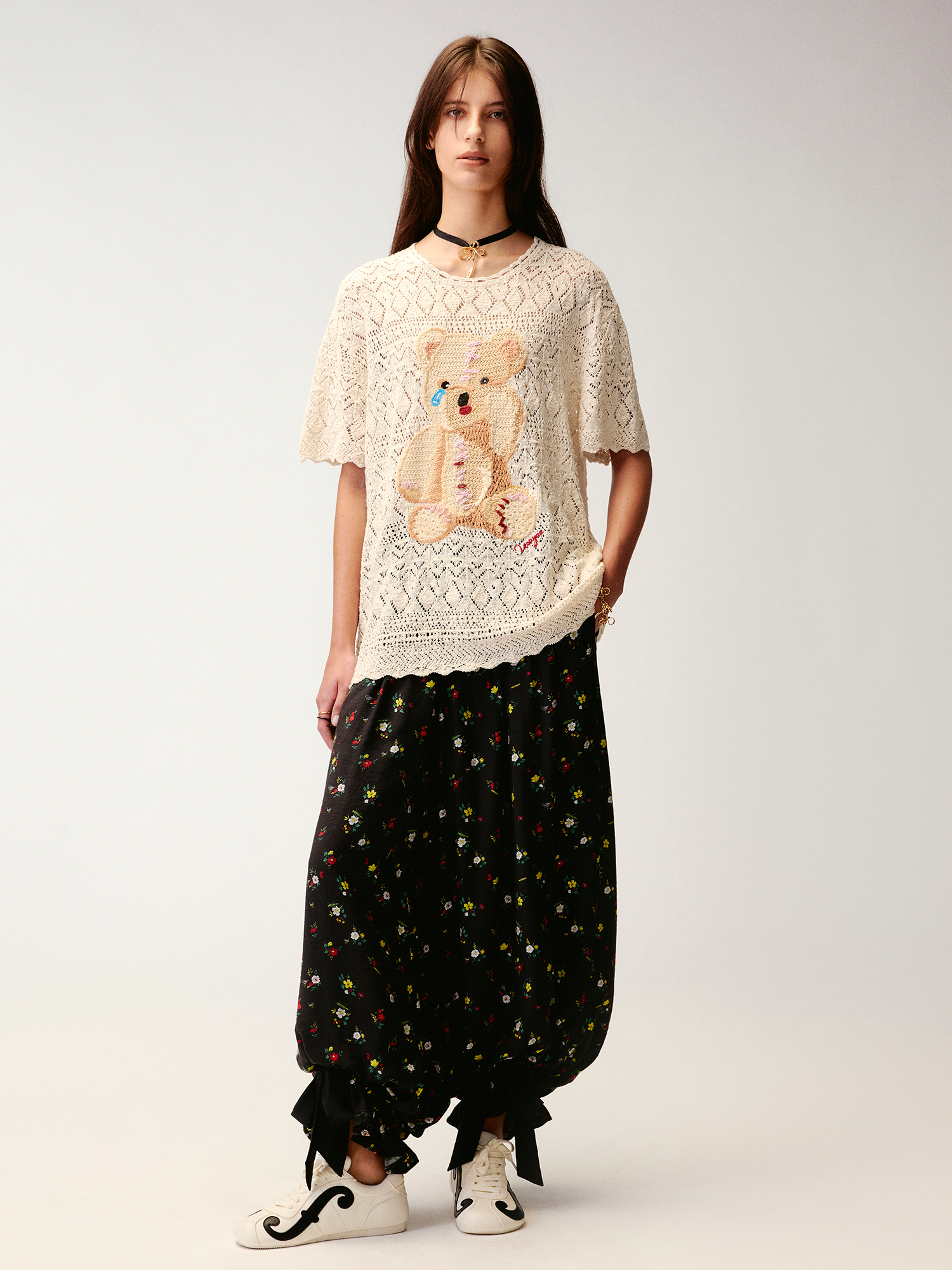 Openwork embroidered knit T-shirt