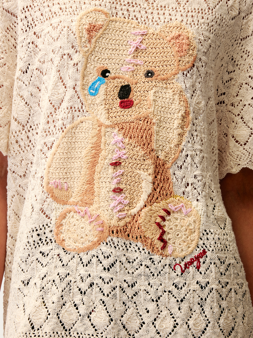 Openwork embroidered knit T-shirt