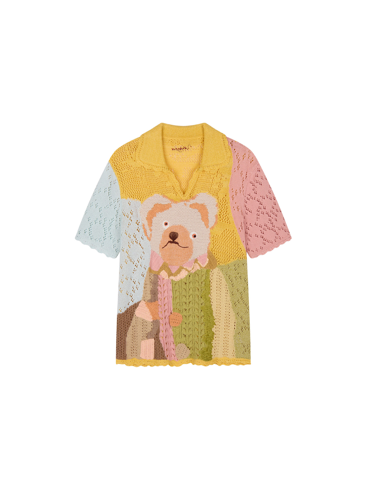 Handcrafted retro color-block bear knit T-shirt