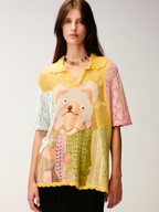 Handcrafted retro color-block bear knit T-shirt