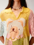 Handcrafted retro color-block bear knit T-shirt
