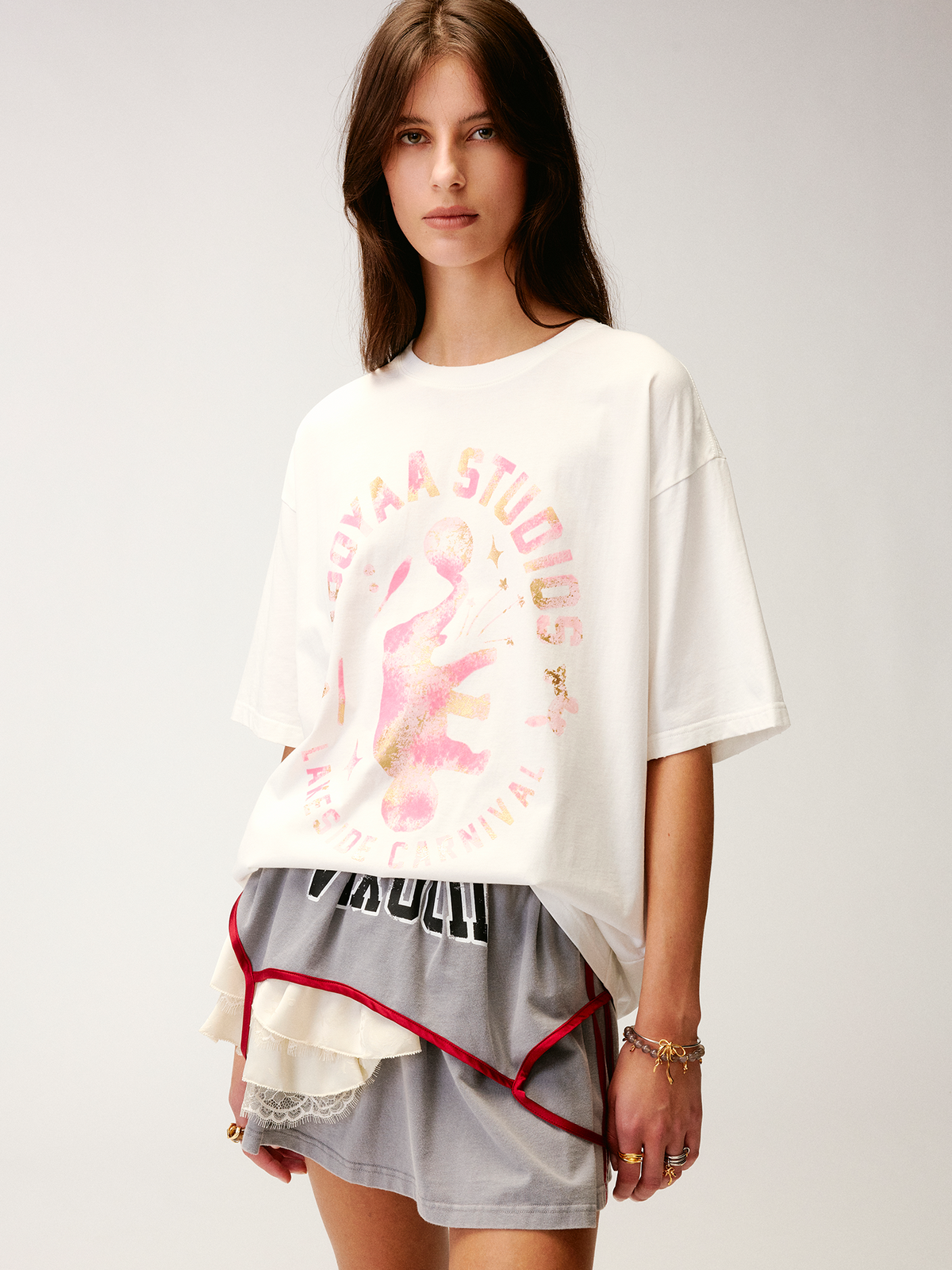 Carnival flock print and foil-stamped T-shirt