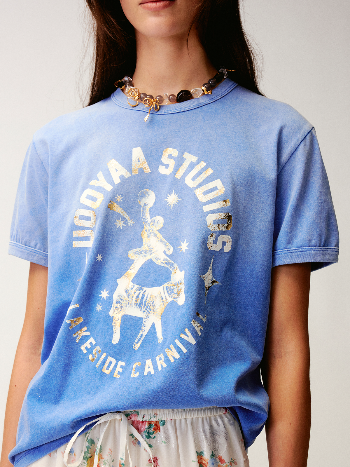 Carnival flock print and foil-stamped T-shirt