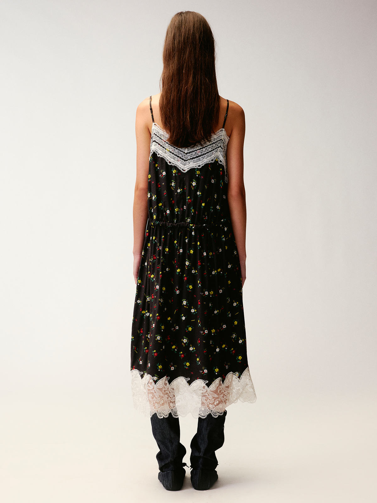 Insect and floral motif lace spliced camisole dress