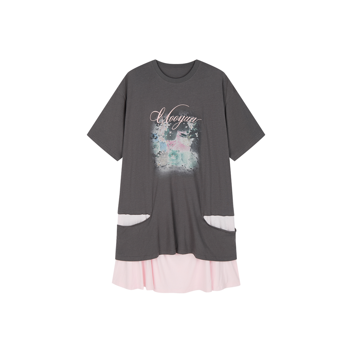 Fantasy cat print faux two-piece T-shirt dress